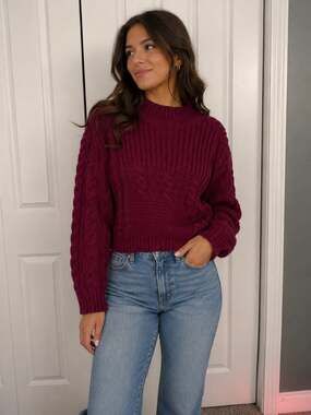 Time and Tru Burgundy Cable Knit Mock Neck Cropped Sweater